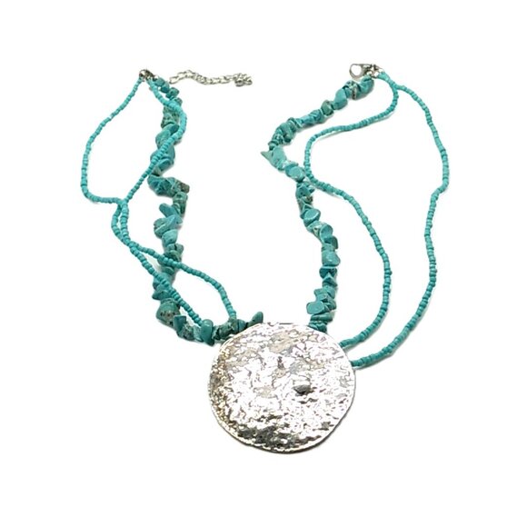Multi-strand Turquoise-Colored Beaded Necklace LG Silver-tone Hammered Pendant - Picture 16 of 16
